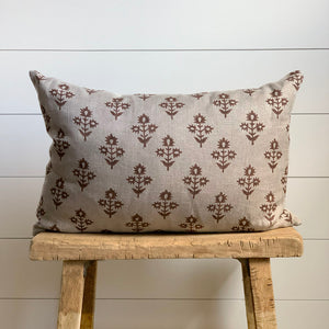 Brown Floral Block Print Lumbar Pillow Cover
