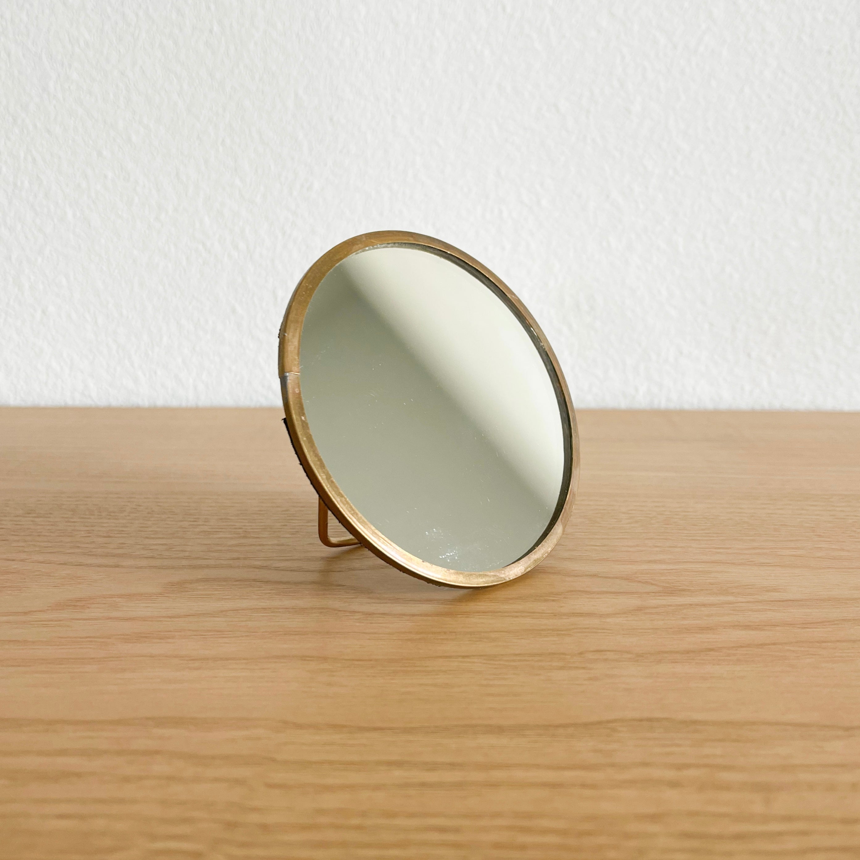 Round Brass Standing Mirror –