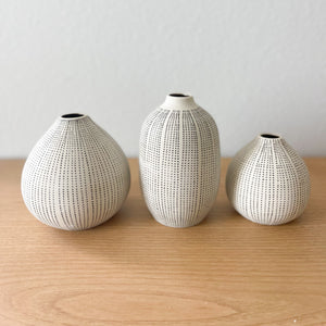  White Stoneware Vases with Textured Black Polka Dots